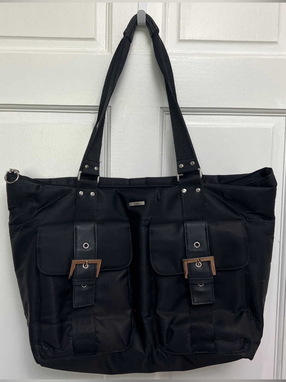 totes Black Nylon Tote with Silver Logo Plaque